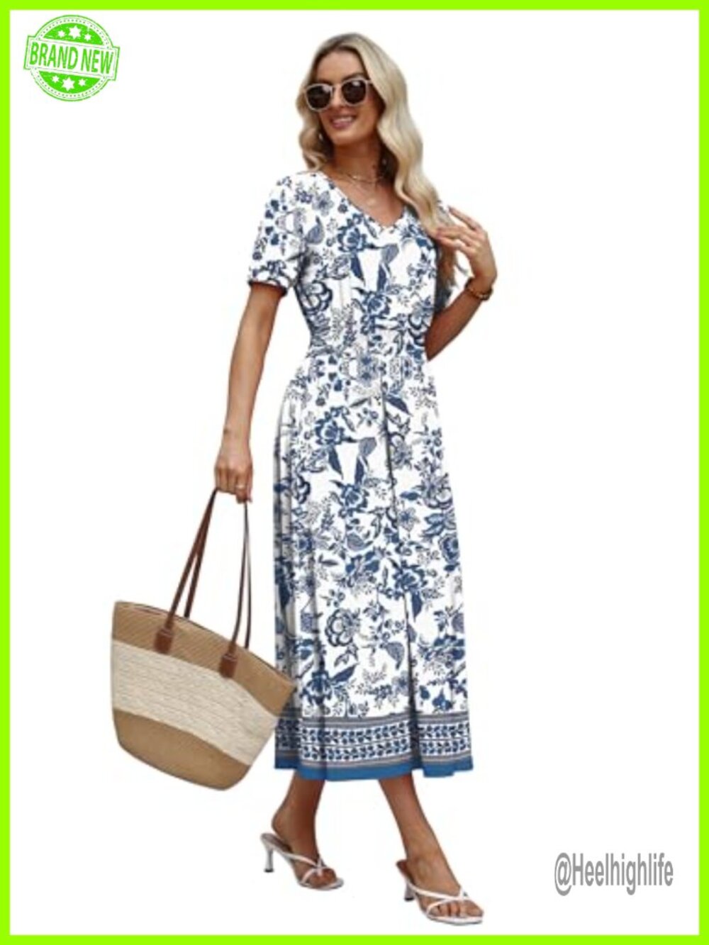 V Neck Maxi Dress with Smocked Waist A-Line Midi Dress for Women - Picture 4 of 7